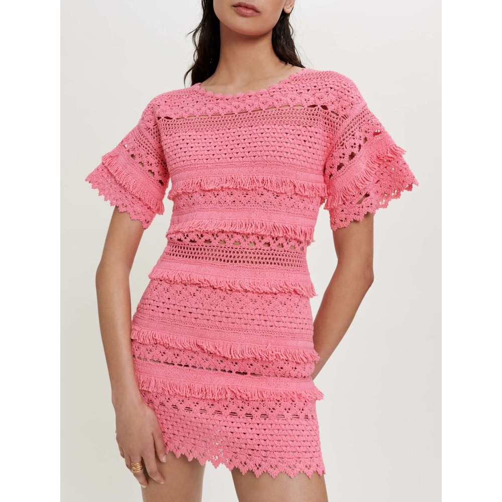 Maje Crochet Fringe Mini Dress Womens Rose Pink NEW Tiered Medium 38 Resortwear